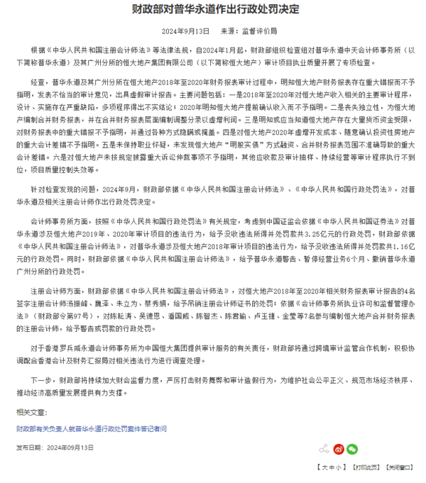 恒大假賬|PwC普華永道遭罰4.41億人幣、暫停經營業務6個月 PwC炒6合伙人、李丹問責(附背景和監管指控)